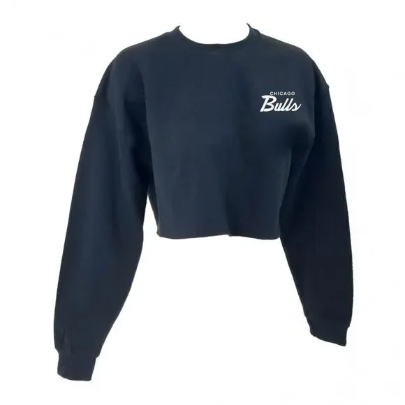CHICAGO BULLS Double Script Logo BLACK Cropped Crop Top Crewneck Sweatshirt y2k - Picture 2 of 6